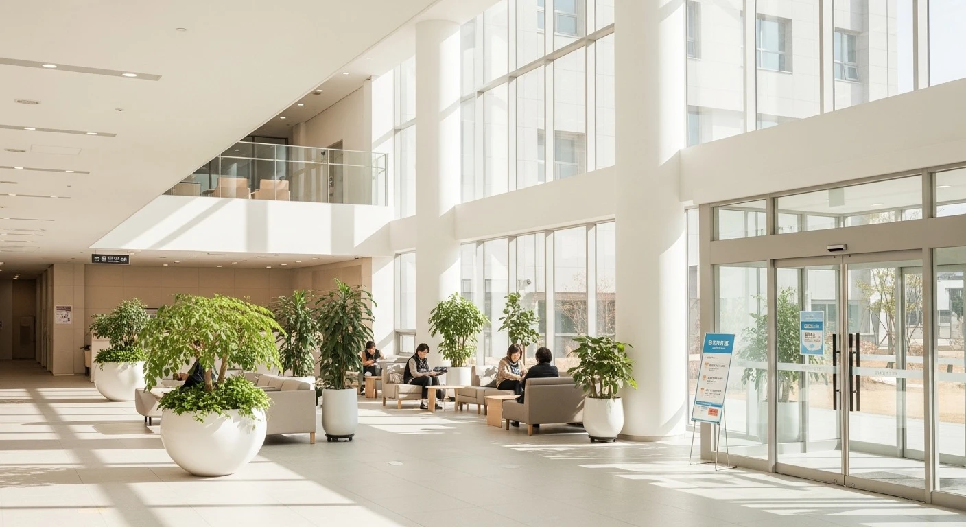 Modern Korean hospital lobby with clean white interior, natural daylight streaming through large glass windows, a few people